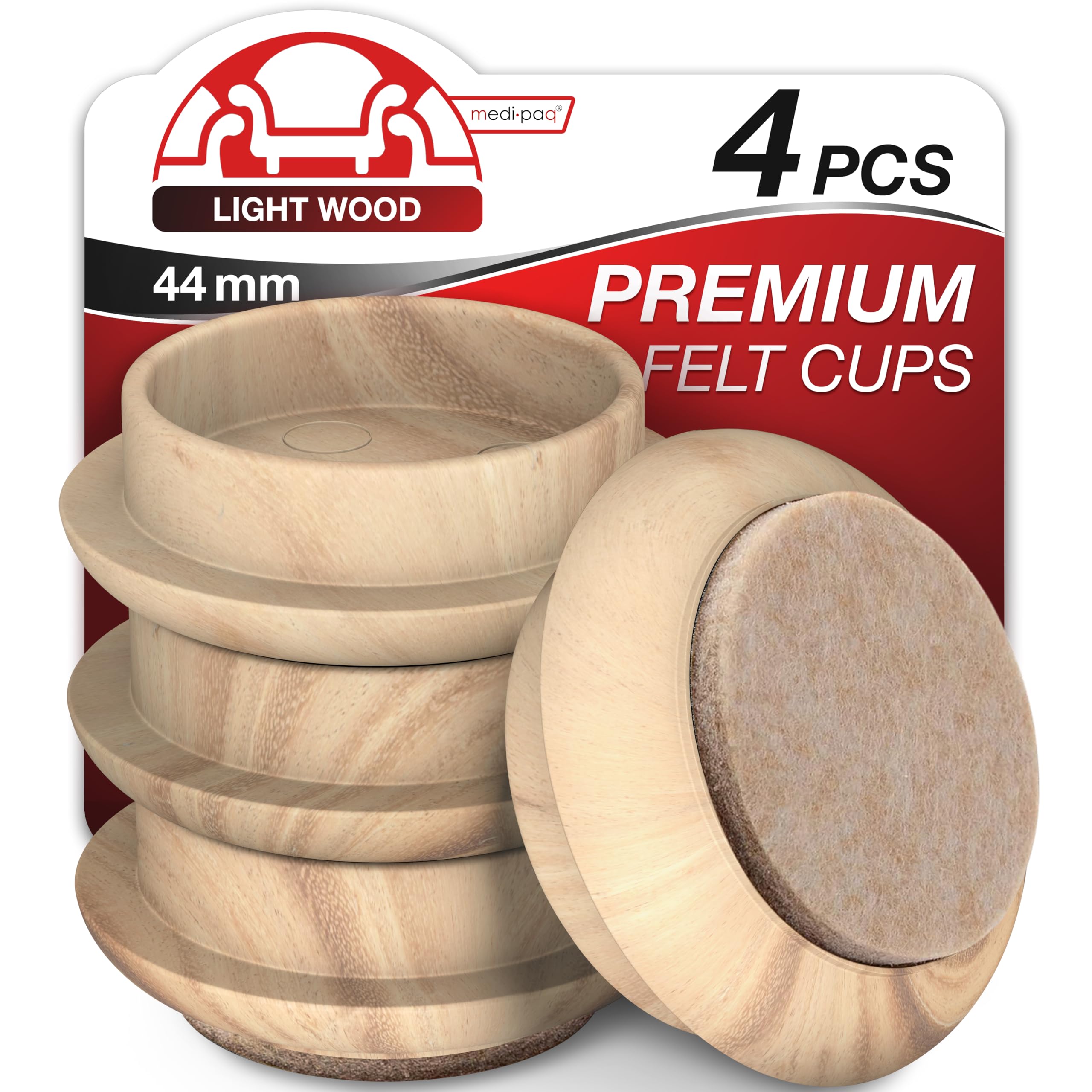 Medipaq Felt Castor Cups – 4x Small 44mm Light Wood Grain – Protects Wooden & Smooth Floors – Chair & Furniture Leg Protectors — image 1
