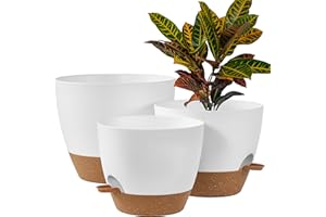 FaithLand 3-Pack Large Planter Pots, 12 10 9 Inch Self Watering Flower Pots for Indoor Outdoor Garden Plants, White with Brown