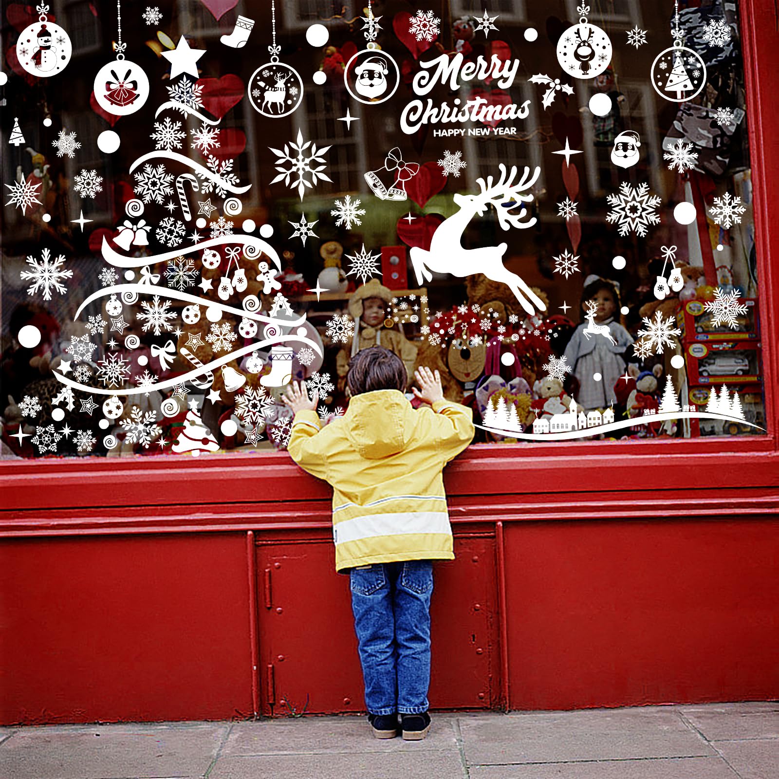 TOMEEK 120pcs Christmas Window Stickers Large Christmas Tree Christmas Window Clings Snowflakes Elk Merry Christmas Double Side Pattern PVC Stickers Reusable (White)