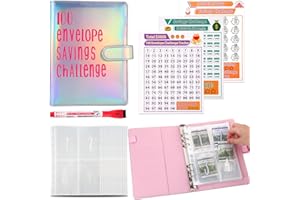 LMTNNB 100 Envelopes Money Saving Challenge Binder, to Save $5,050, 10,000 and $500, 100 Days, 52 Weeks and 30 Days Challenge Binder, A5 Money Saving Planner Cash Envelope Budget Binder