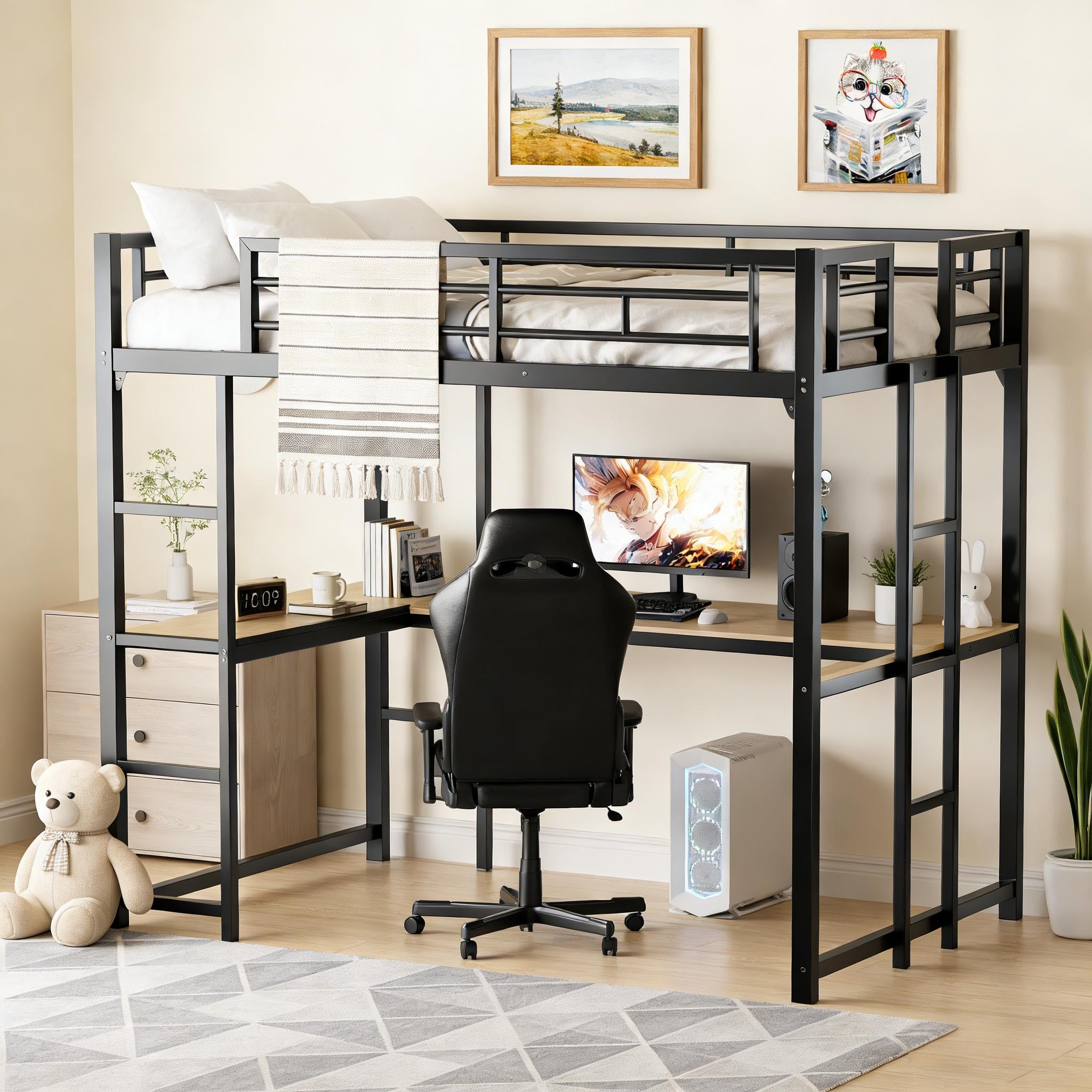 Photo 1 of ***2 boxes ** KMBOHE Full Size Loft Bed with Desk and Shelves, Metal Loft Bed with Ladder and Guardrails, Loft Bed Frame for Bedroom, Black