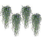SJL Hanging Greenery 4pcs Realistic Artificial Plants Indoor Artificial Hanging Plants Outdoor Fake Eucalyptus Faux Ivy Plastic Flowers Leaves Decor for Bedroom Porch Wall (Purple)