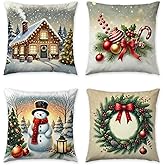 HDVUHKI Christmas Pillow Covers 18x18 inch Set of 4, Holiday Winter Outdoor Vintage Tree Snowflake Xmas Snowman Neutral Farmhouse Gold Seasonal Burlap Decorations for Sofa Couch