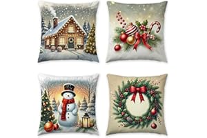 HDVUHKI Christmas Pillow Covers 18x18 inch Set of 4, Holiday Winter Outdoor Vintage Tree Snowflake Xmas Snowman Neutral Farmhouse Gold Seasonal Burlap Decorations for Sofa Couch