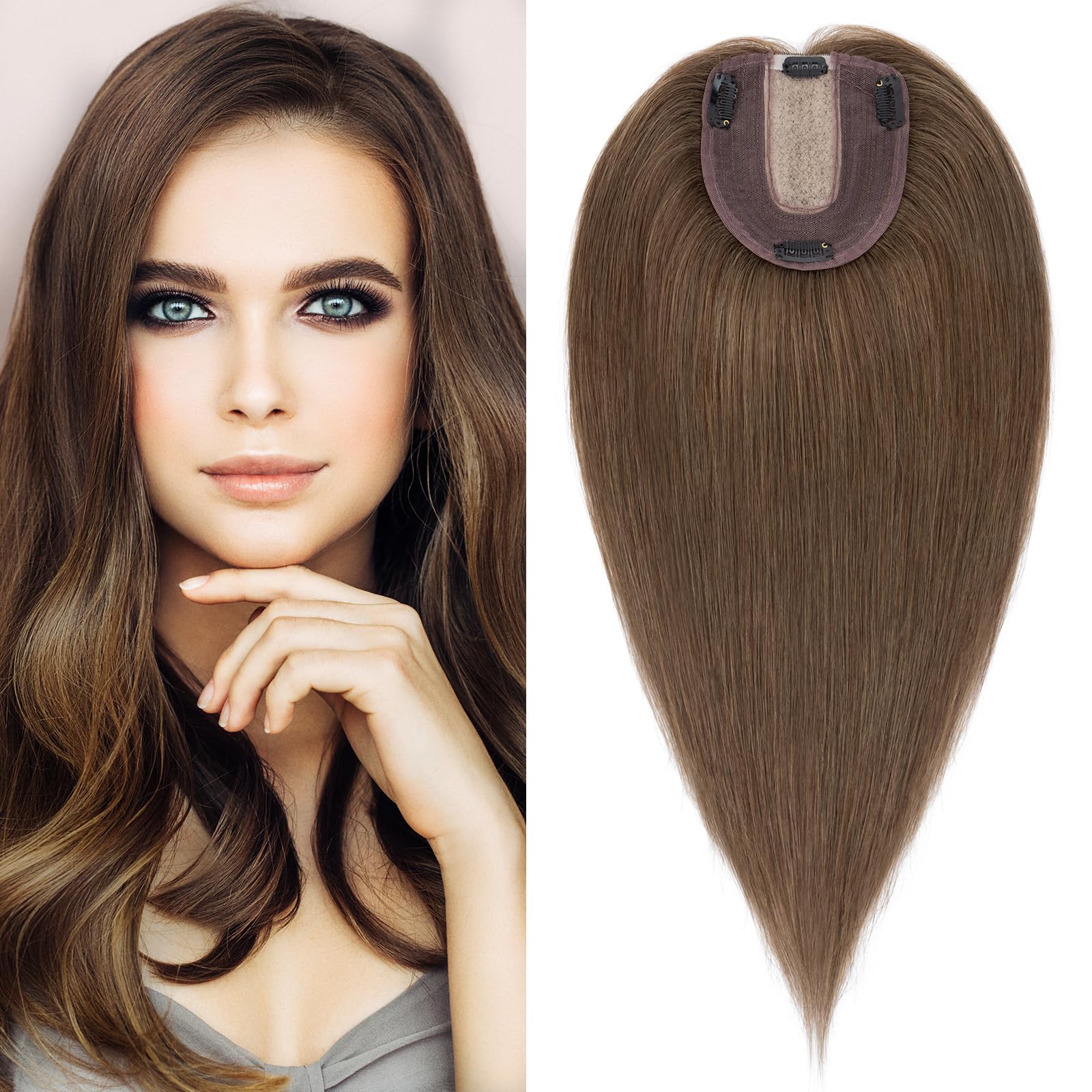 S-noilite Human Hair Toppers for Thinning Hair Women Real Hair Topper Hair Piece Clip in Toupee 100% Remy Real Human Hair 50g(#4 Medium Brown, 16 Inch) — image 1