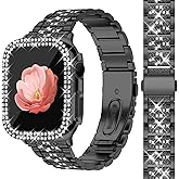Newlibery Bling Watch Bands with Bling Case for Women Compatible with Apple Watch Band 40mm Elegant Dressy Jewelry Replacement Metal Link Wristband Protector Cover for iWatch Series 6/5/4/SE Black