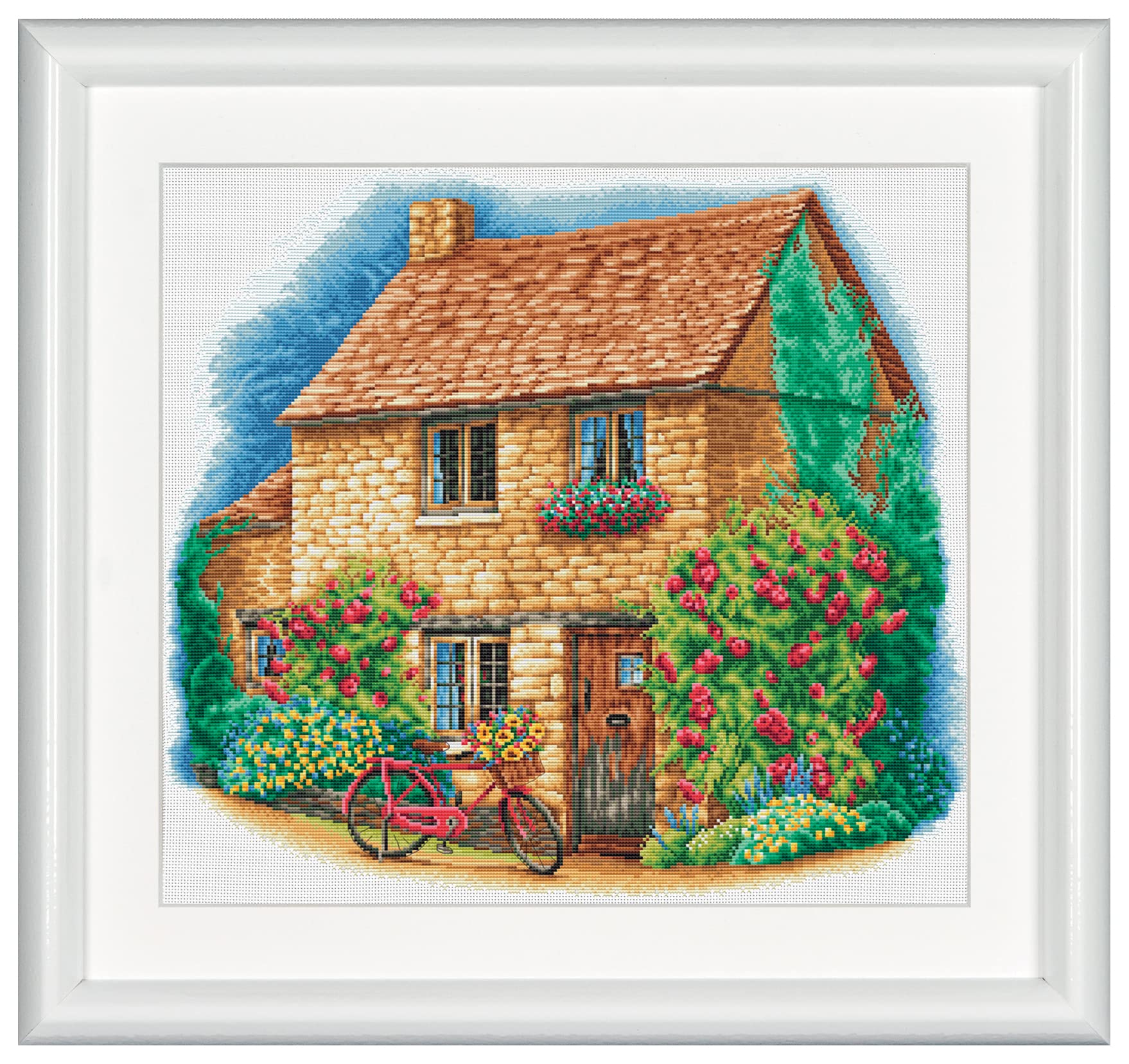 DUTCH STITCH BROTHERS - Counted Cross Stitch Kit - DSB010A - Cottage - White Aida - 16.7 x 16.7 Inch - Embroidery Kit for Adults