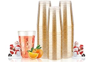 Goodluck 14 oz 50 PCS Gold Glitter Plastic Cups, Disposable Glitter Cups, Elegant Plastic Cocktail Glasses, Fancy Party Cups for Wedding, Birthday, Holiday