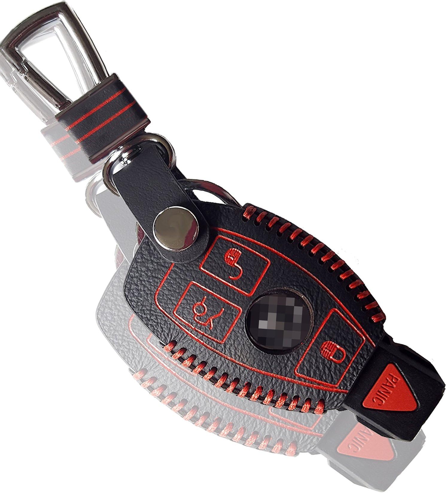 Massimiliano Incas Dobrev 3 Buttons Genuine Leather Smart Key Case Rubber Cover Skin Fob Holder Fit for Mercedes-Benz C E S CLA CLS ML GL GLK CLK SLK Class Smart Key (Leather red line)