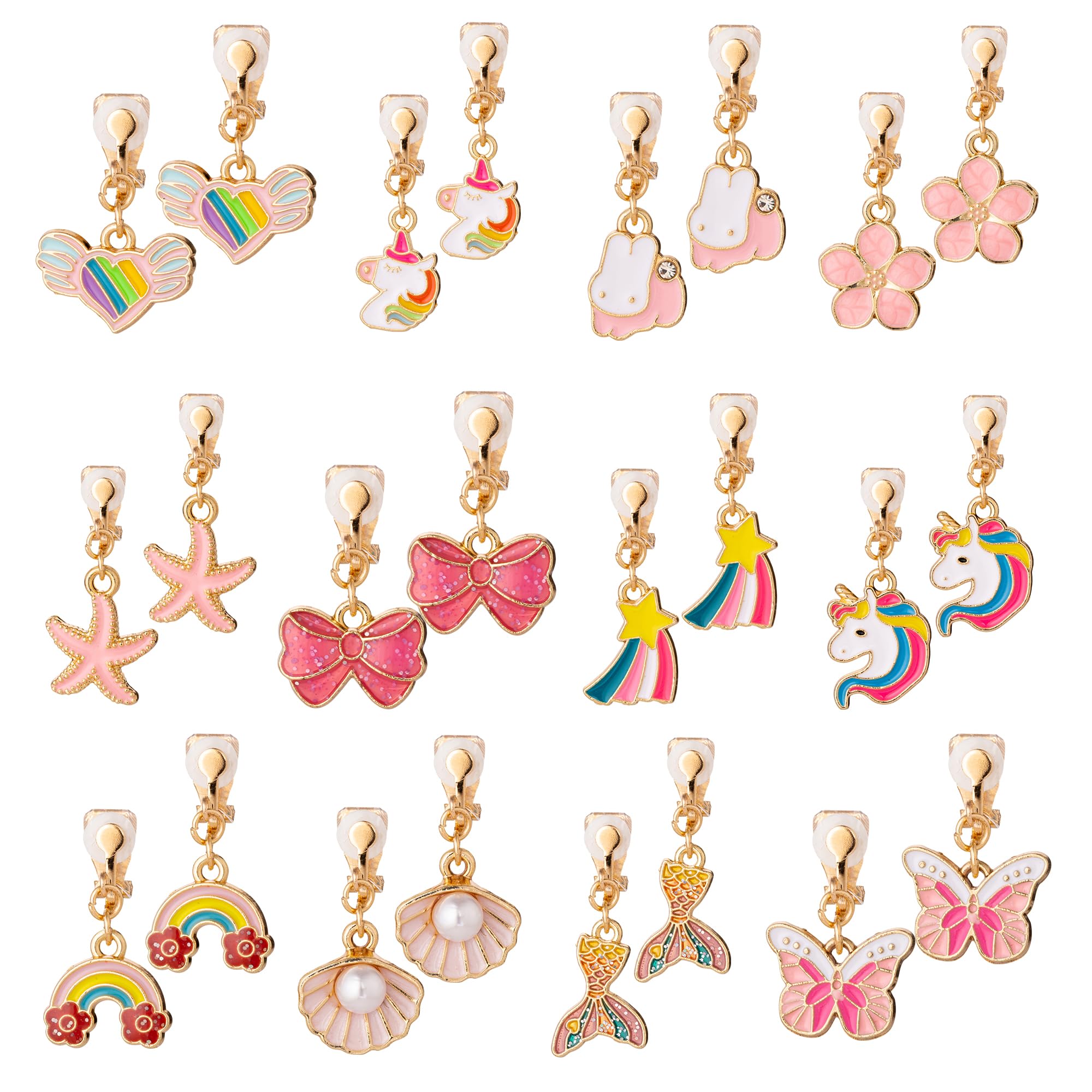 PASEMM 12 Pairs Kids Clip-on Earrings - Cute Unicorn Designs, Non-Pierced Dress Up Alloy Jewelry for 4-12 Year Old Girls Birthday Christmas Valentine's Day Holiday Gifts,Party favors Kids Toys
