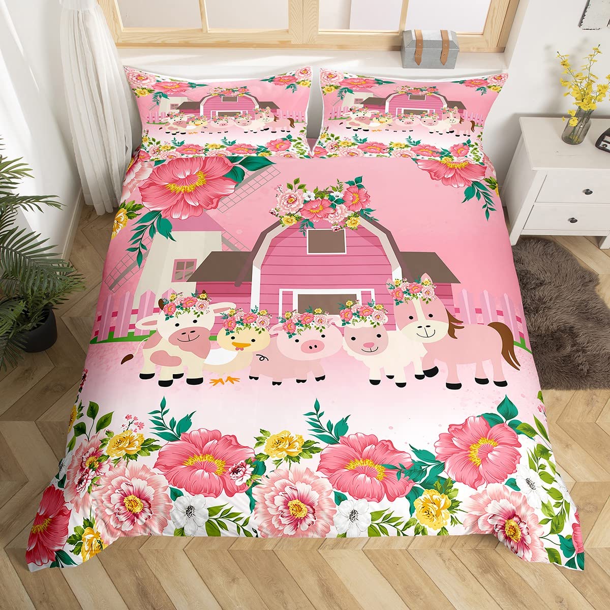 Loussiesd Pink Girls Happy Farm Duvet Cover Cartoon Cute Pig Cow Sheep Bedding Set Kids Boys Children 3D Animals Floral Cover Ultra Soft Bedspread Cover Single Zipper,
