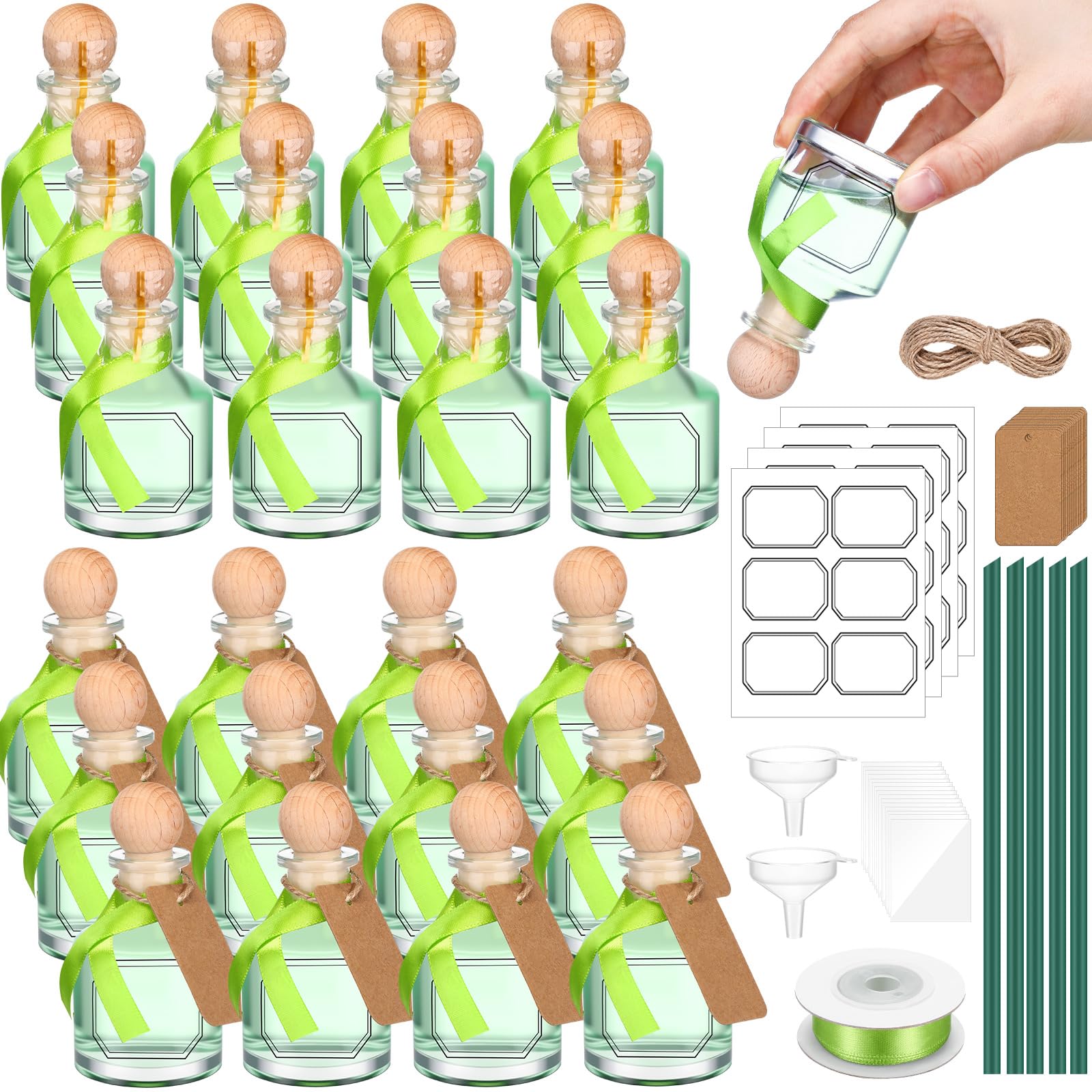 Photo 1 of Baderke 24pcs 50 ml /1.7 oz Patron Bottles Empty for Drinks Mini Tequila Shot Bottles Patron with Cork Lids Green Ribbon Reusable Glass Bottle for Weddings Party Favors DIY Crafts (Cylindrical Bottle)