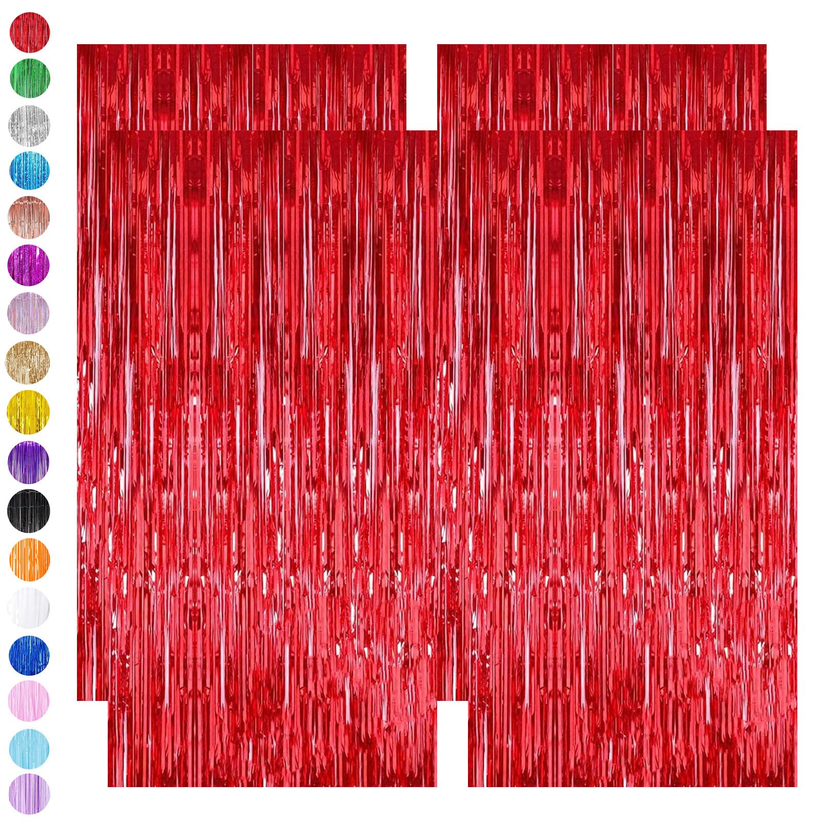 Red Tinsel Curtain Party Backdrop,4pcs 3.2ft x 6.5ft Foil Curtain Christmas Decorations,Red Foil Fringe Streamers Metallic Tinsel Door Hanging Foil Flow Silk Streamers for Christmas Holiday Party