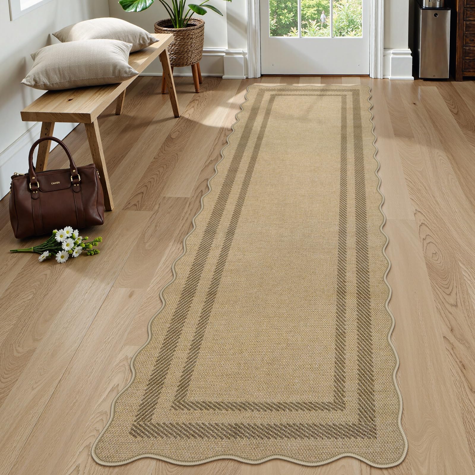 Photo 1 of LIVEBOX Scalloped Washable 2x8 Kitchen Runner Rug, Easy Jute Geometri Tan Rugs for Hallway Entryway, Indoor Outdoor Non Slip Rug Farmhouse Morden Carpet Door Mat Area Rug for Laundry Room