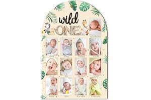 R HORSE My First Year Photo Frame Board, 3D Wild One Birthday Decoration, Jungle Themed Baby First Year Picture Frame 12 Months Milestone Display Wood Board Nursery Decor Gift for Boy Girl