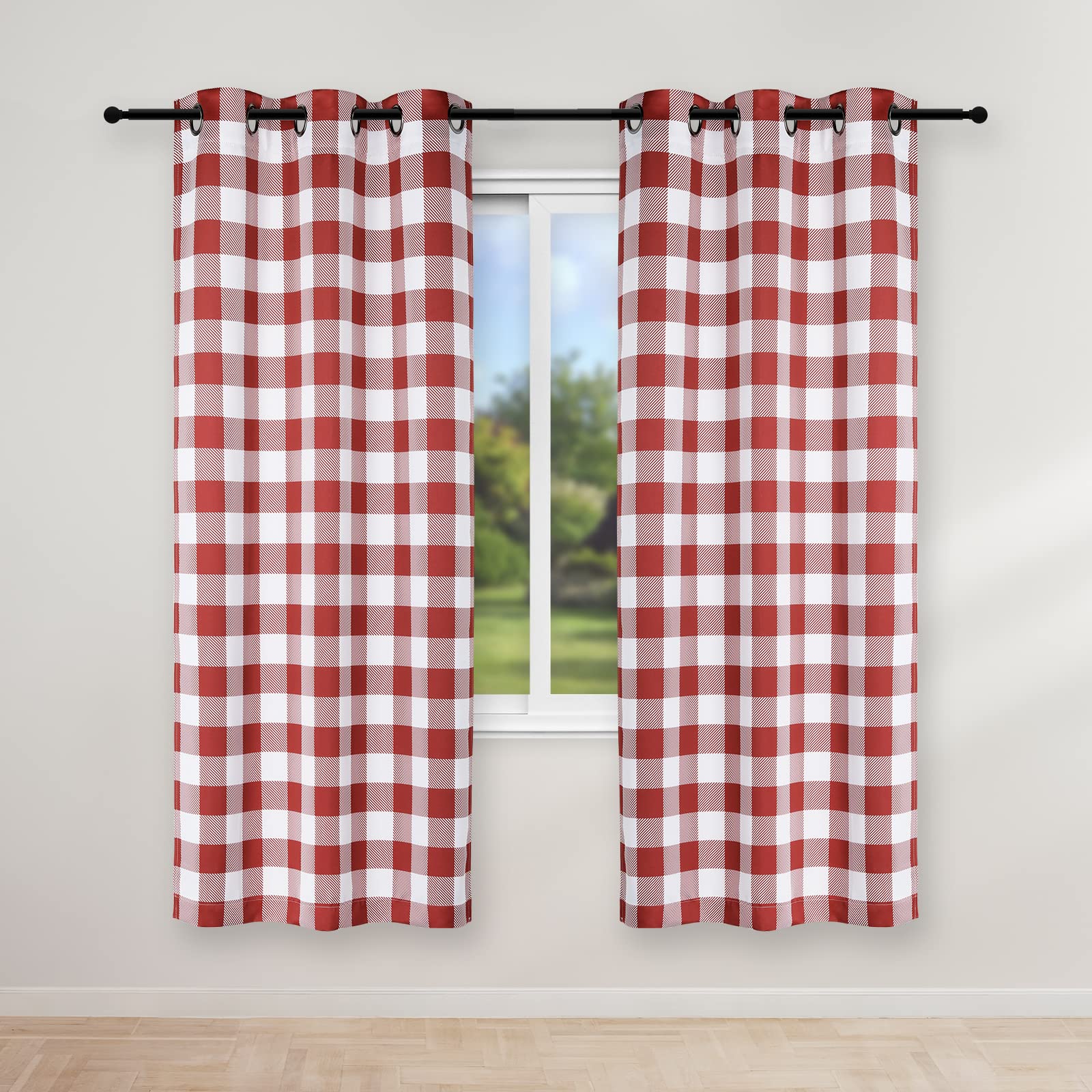 Simple Deluxe Buffalo Check Blackout Curtains Panels for Living Room, Bedroom Farmhouse Courtyard Style Room Darkening Thermal Insulated Plaid Grommet Curtain, 37" W x 63" L, White and Red — image 1