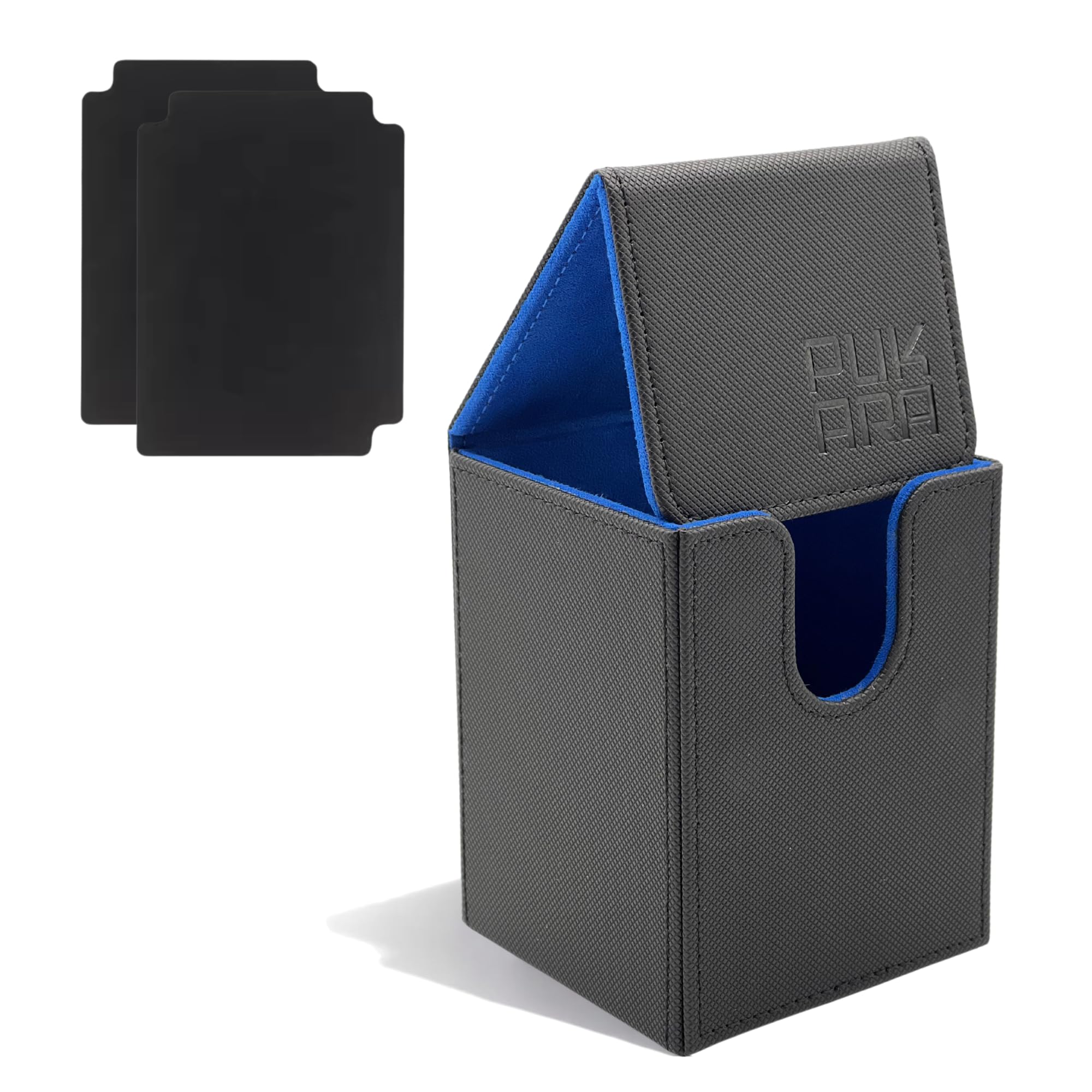 PUKARA Vertical Card Deck Box for TCG, MTG, PTCG. Card Storage with Magnetic Closure, Premium PU Leather, Includes 2 Dividers (Black and Blue)