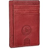 Leatherboss Genuine Leather Slim Card Holder Wallet for Men & Women | Minimalist Front Pocket Wallet | Multiple Card Slots, Cash Compartment & ID Window | (Red)