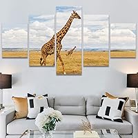SIGNWIN 5 Panel Canvas Wall Art Modern Art Animals Dramatic Giraffe Lion Multicolor Photography Southwest for Home Decorations Ready to Hang - 60