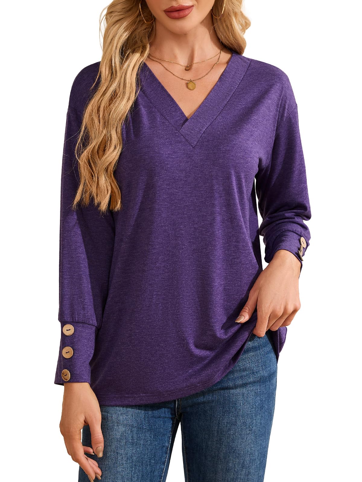 YOKGO Women's Long Sleeve Shirts Loose Fit Blouses Casual V Neck Tops Women Work Basic Tees Business Fall Outfits 2025 Dark Purple