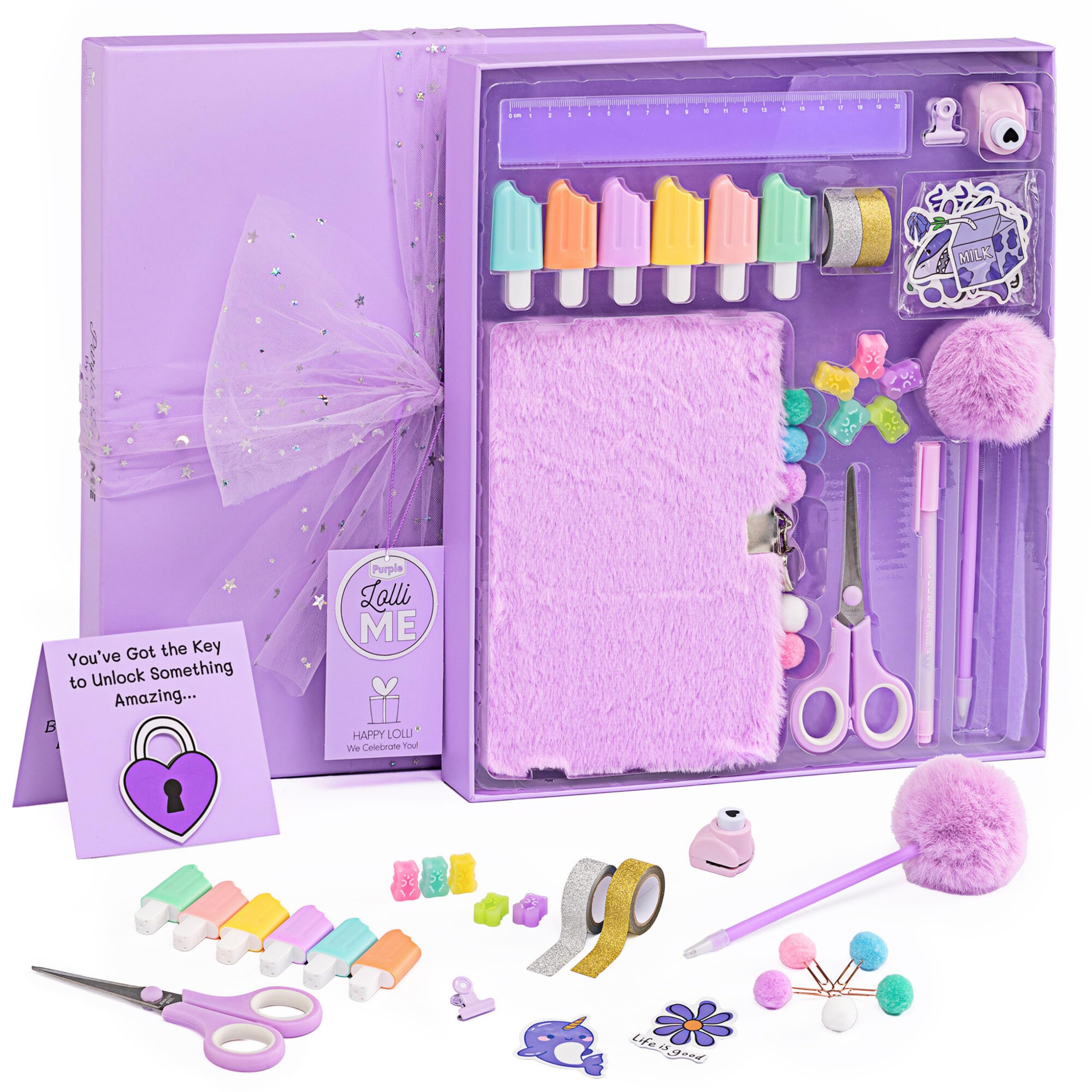 HAPPY LOLLI Purple LolliME DIY Journal Kit for Girls Ages 8–14 Easter Basket & Birthday Gift Idea, 300+ Pieces Lockable Diary, Stickers, Markers & Creative Journaling Set for Tweens & Teens
