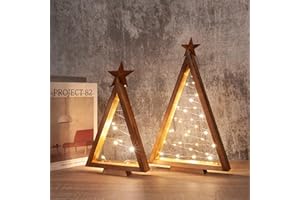Christmas Decoration 2 Pcs Lighted Wooden Christmas Tree Tabletop Tree Set with Lights Xmas Tree Table Centerpiece Elegant Si