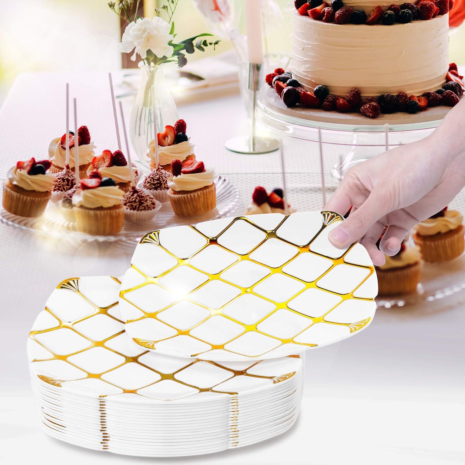 Elegant Premium Plastic Party Plates Wedding Dinner Set Gold Disposable