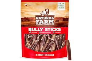 Natural Farm Odor Free Bully Sticks (2-3 Inch, 1 Pound) for Small & Medium Dogs - 100% Beef Chews for Pups, Non-GMO, Grain-Free, Fully Digestible Long Lasting Dog Treats