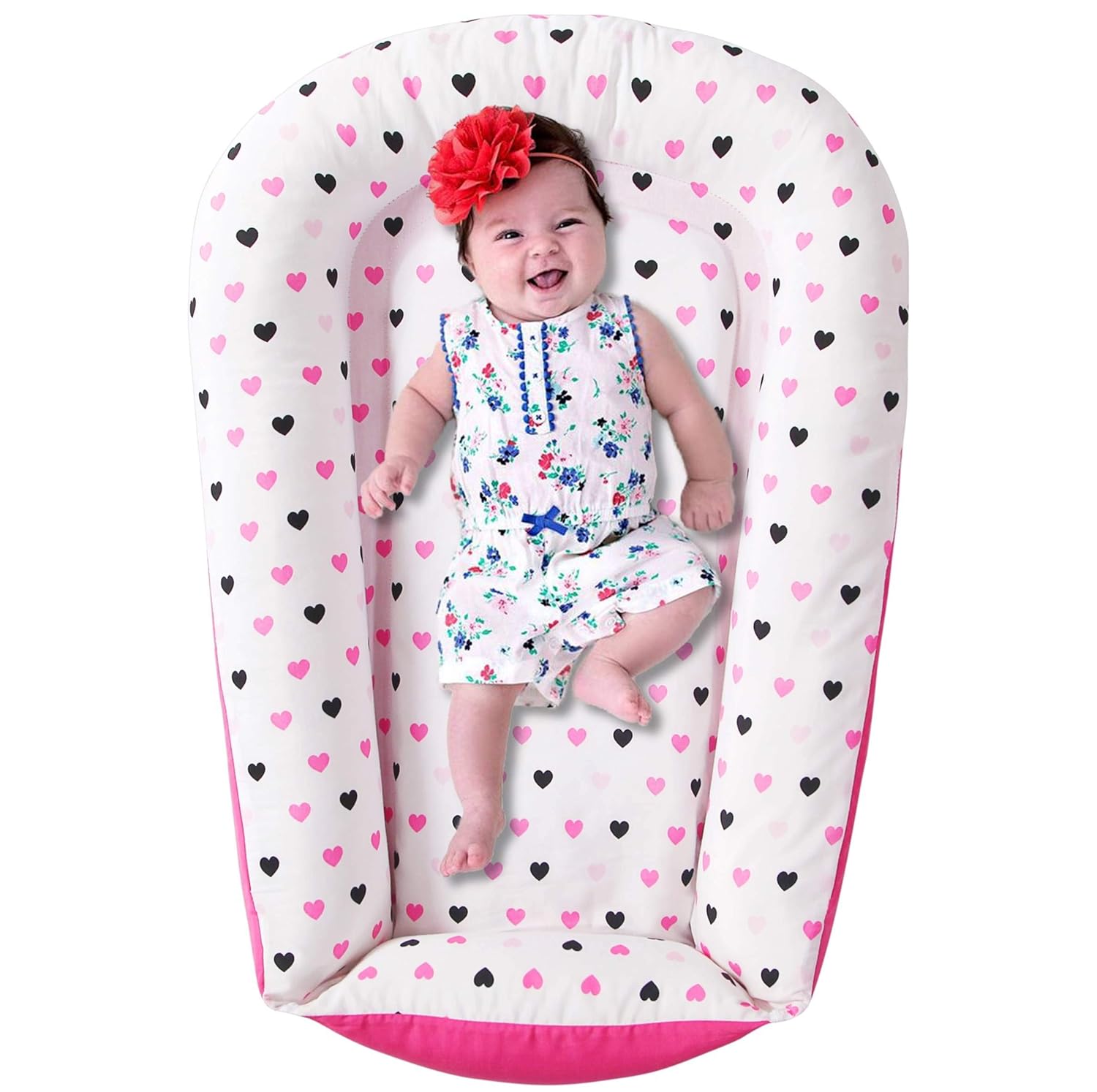 Premium Baby Lounger - Durable Cotton Blend Co Sleeper - Soft Portable Baby Nest Sleeper - Perfect for Co Sleeping and Travelling, Pink Hearts: Kitchen & Dining