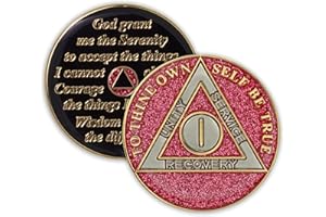 THE TOKEN SHOP 1 Year Sobriety Coin | Glitter Triplate AA Chip Recovery Anniversary Token (Pink)