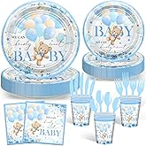 Avezano 168 PCS Bear Baby Shower Decorations Blue Bear Plates Napkins Tableware Set for Boys We Can Bearly Wait Baby Shower Supplies, Serves 24