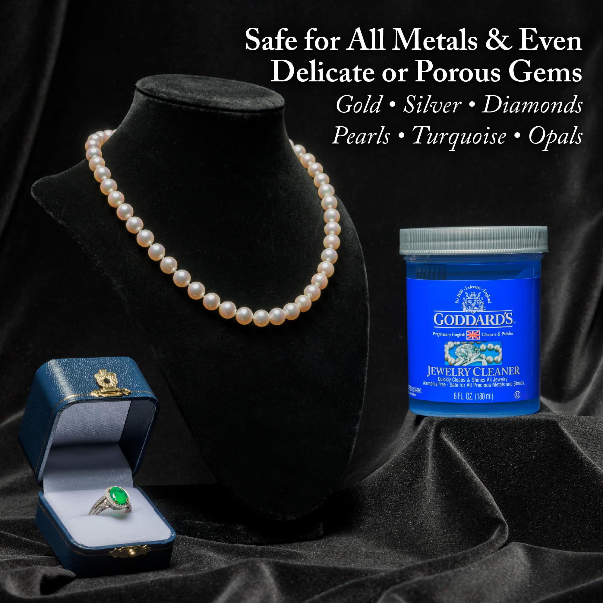 Goddard's Jewelry Cleaner, Tarnish Remover, Cleaning Solution for Silver, Gold, Diamond, Pearl & Gemstone Jewelry, Ammonia Free, Costume and Fine Jewelry Cleaner with Cleaning Brush & Dip Basket, 6 oz