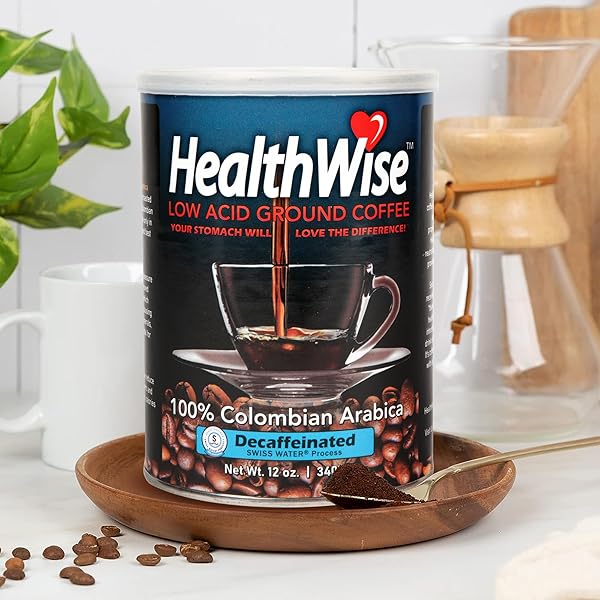 HEALTHWISE LOW ACID DECAFFEINATED GROUND COFFEE, CHEMICAL-FREE SWISS WATER PROCESS, 99.9% CAFFEINE FREE, 100% COLOMBIAN – MEDIUM ROAST, HEALTHIER COFFEE FOR SENSITIVE STOMACHS 12 OUNCE (PACK OF 1)