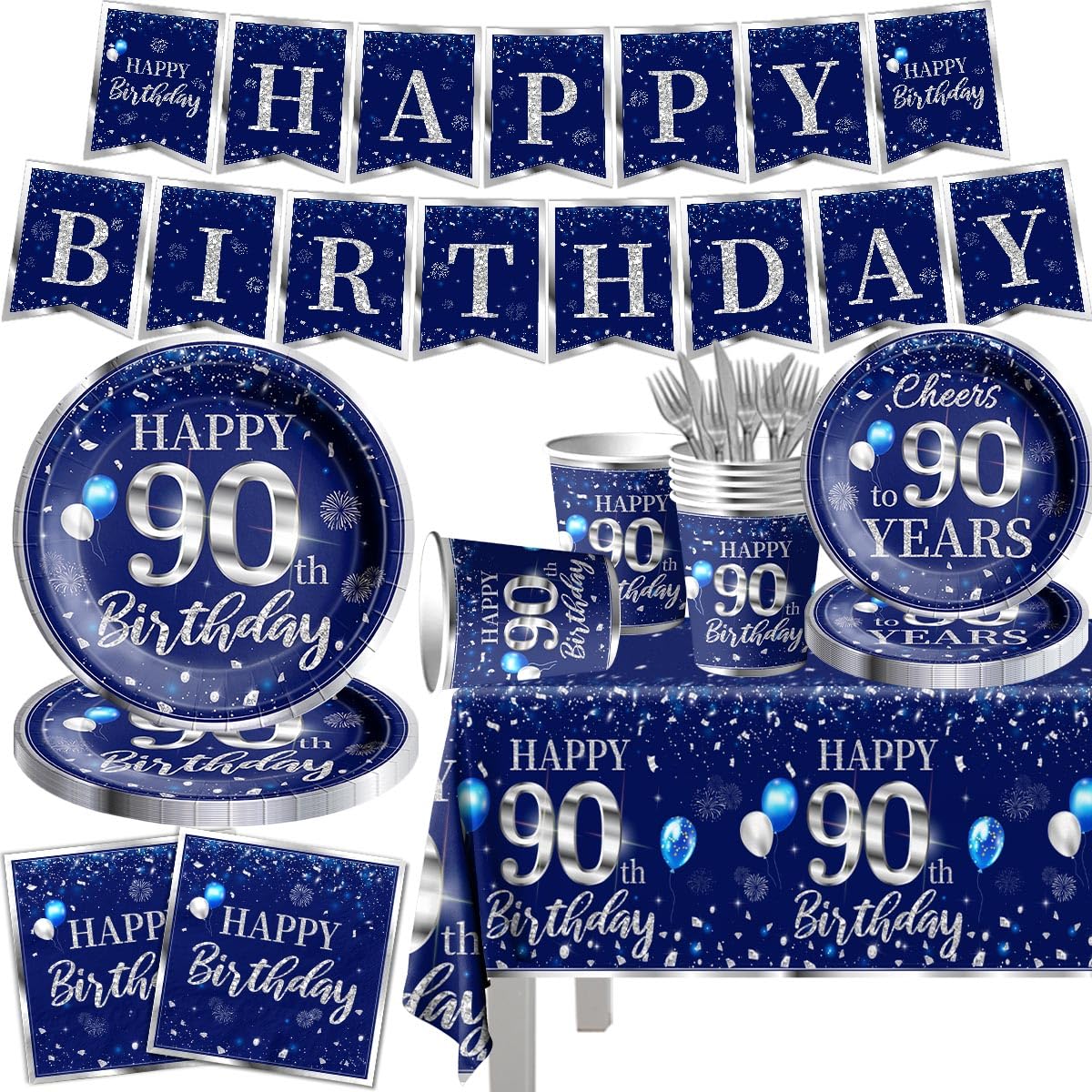 Photo 1 of GREHUMOR 142 Pcs 90th Birthday Tableware Set Decorations Sliver and Blue 90th Happy Birthday Party Supplies for Men Women Birthday Tablecloth,Plates, Napkins, Cups,Forks and Knives