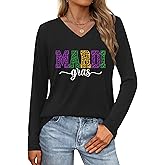 ELDPS Mardi Gras Shirts Women: Fat Tuesday Shirt Carnival Mask Graphic Tee New Orleans Party Long Sleeve V Neck Top