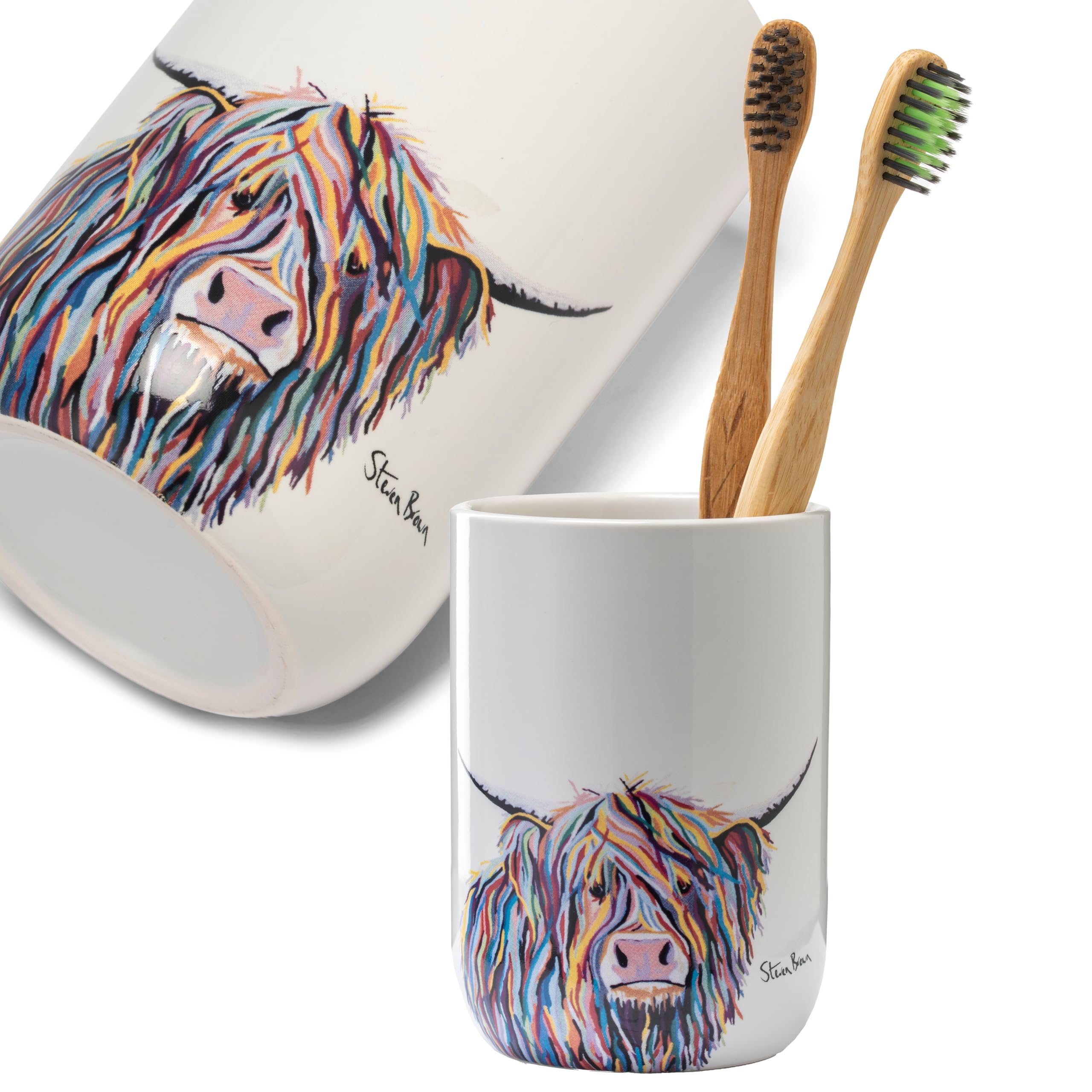 Croydex Art by Steven Brown Angus McCoo Tumbler - Ceramic Toothbrush Holder, Freestanding Bathroom Accessory Featuring Highland Cow Design, Matching Accessories Available