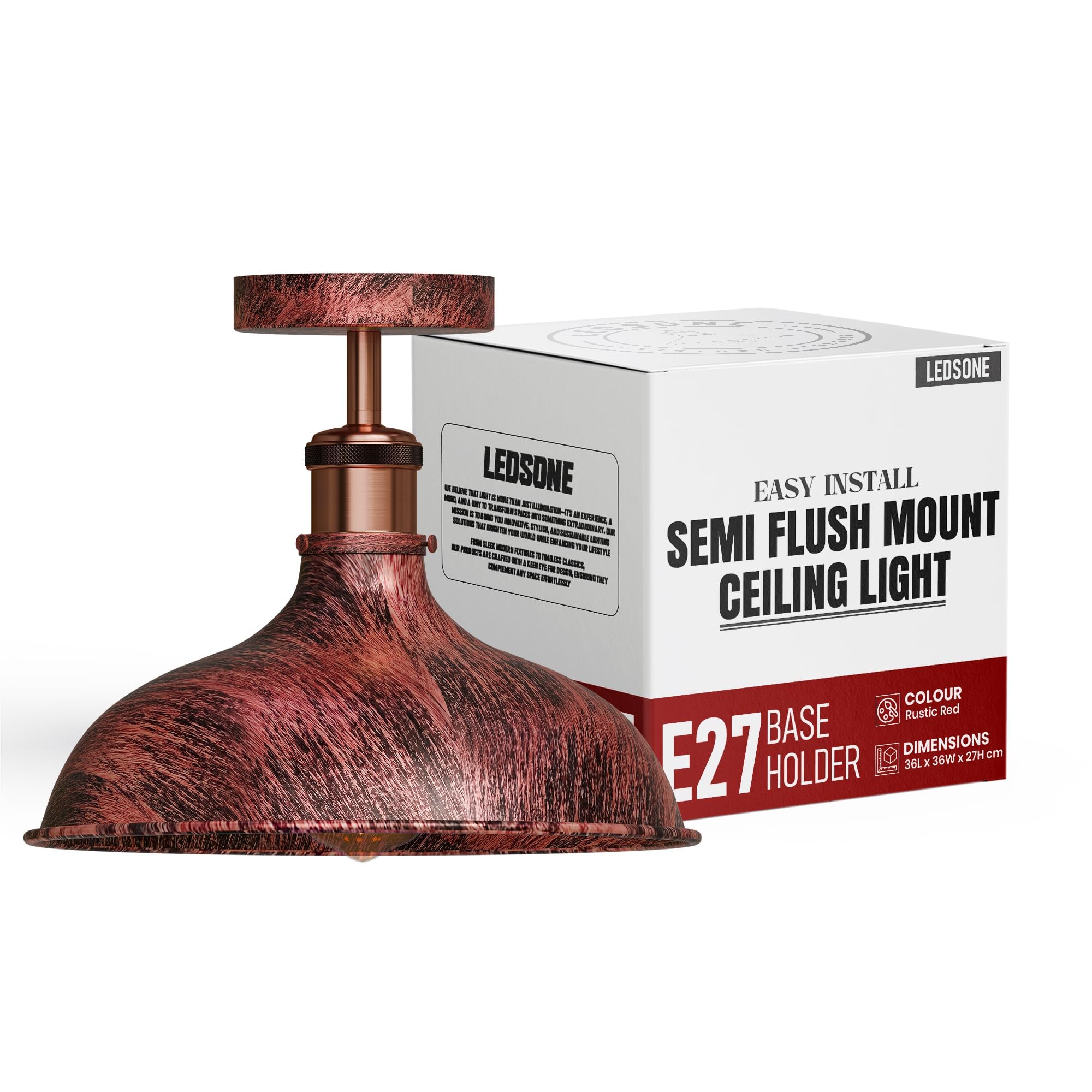 LEDSone Vintage Ceiling Light Semi Flush Mount Rustic Red Ceiling Light Fixture Metal 36cm Ceiling Lampshade with E27 Holder for Living Room Kitchen Bedroom Hallway Easy Fit Anti Rust Durable Metal