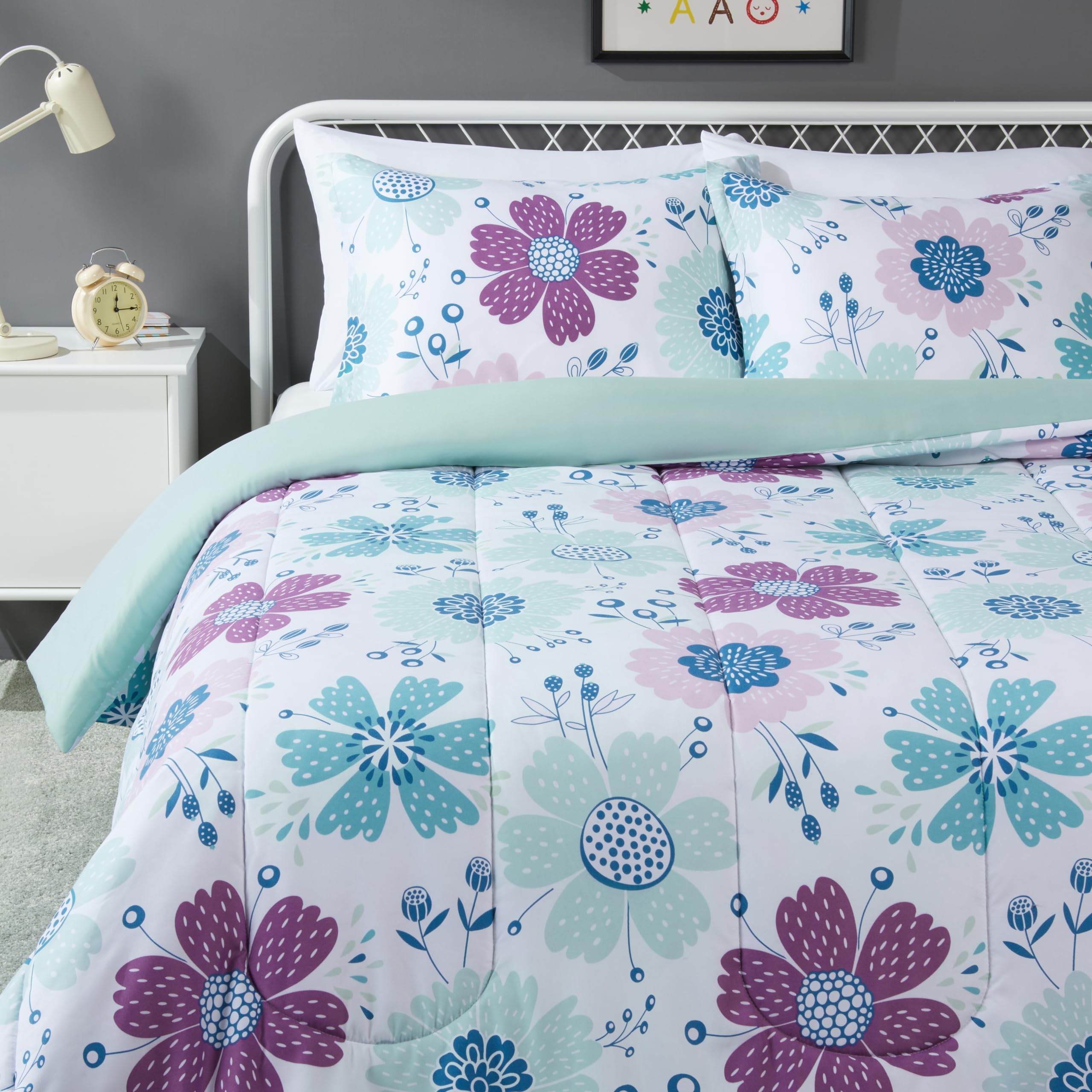 Photo 1 of ****stock photo reference only********Amazon Basics Soft, Plush 3 Piece Microfiber Kid's Comforter and Pillow Sham Set, Full/Queen, Purple Flowers, Bluish Pink, Lightweight, Floral