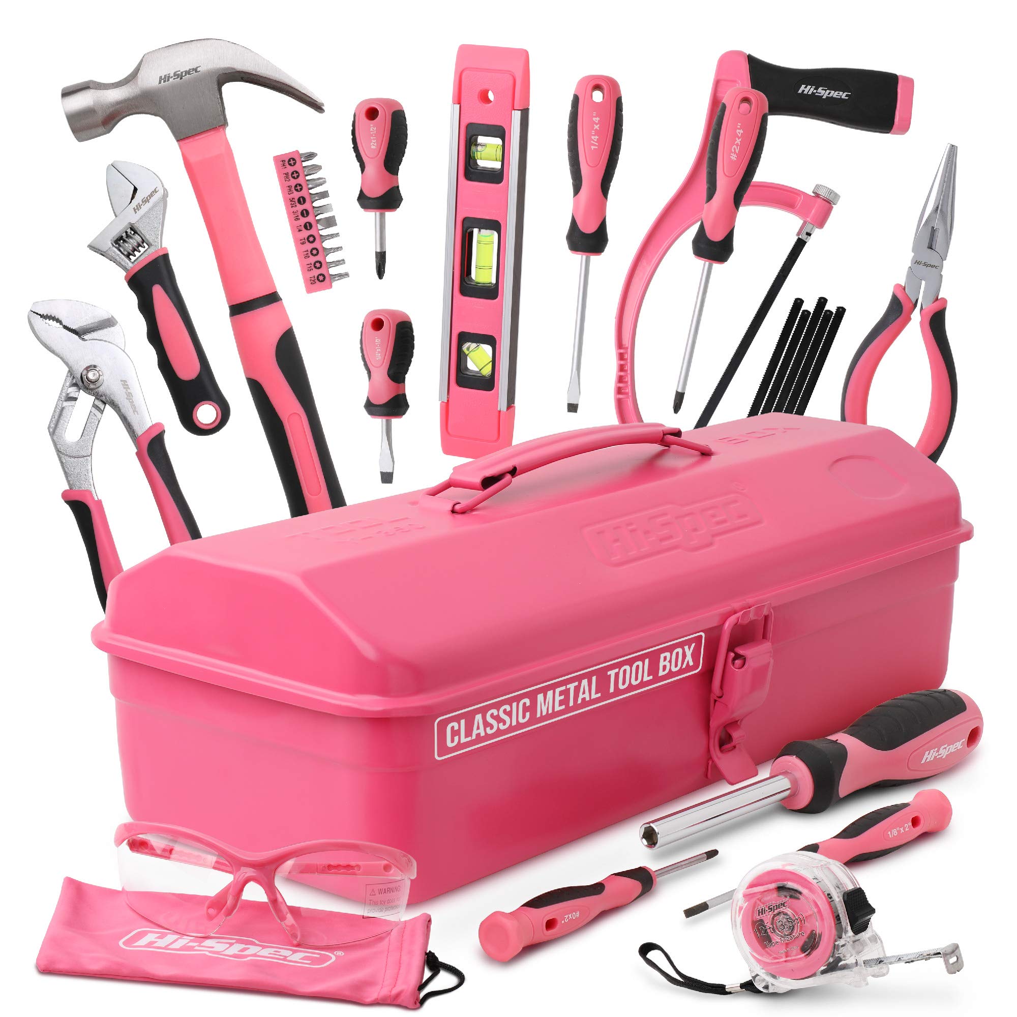 Hi-Spec 33pc Pink Beginner Tool Kit Set with Metal Box – Complete Real Hand Tools for DIY Starters, Kids, and Beginners. Essential Set for Home Repairs, Crafts & Learning Projects