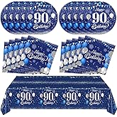 Blue 90th Birthday Decorations for Men Navy Blue Silver Happy 90th Birthday Tableware Set Include Happy 90th Birthday Plates Napkins Tablecloth for 90 Year Old Anniversary 1936 Party Decor Supplies