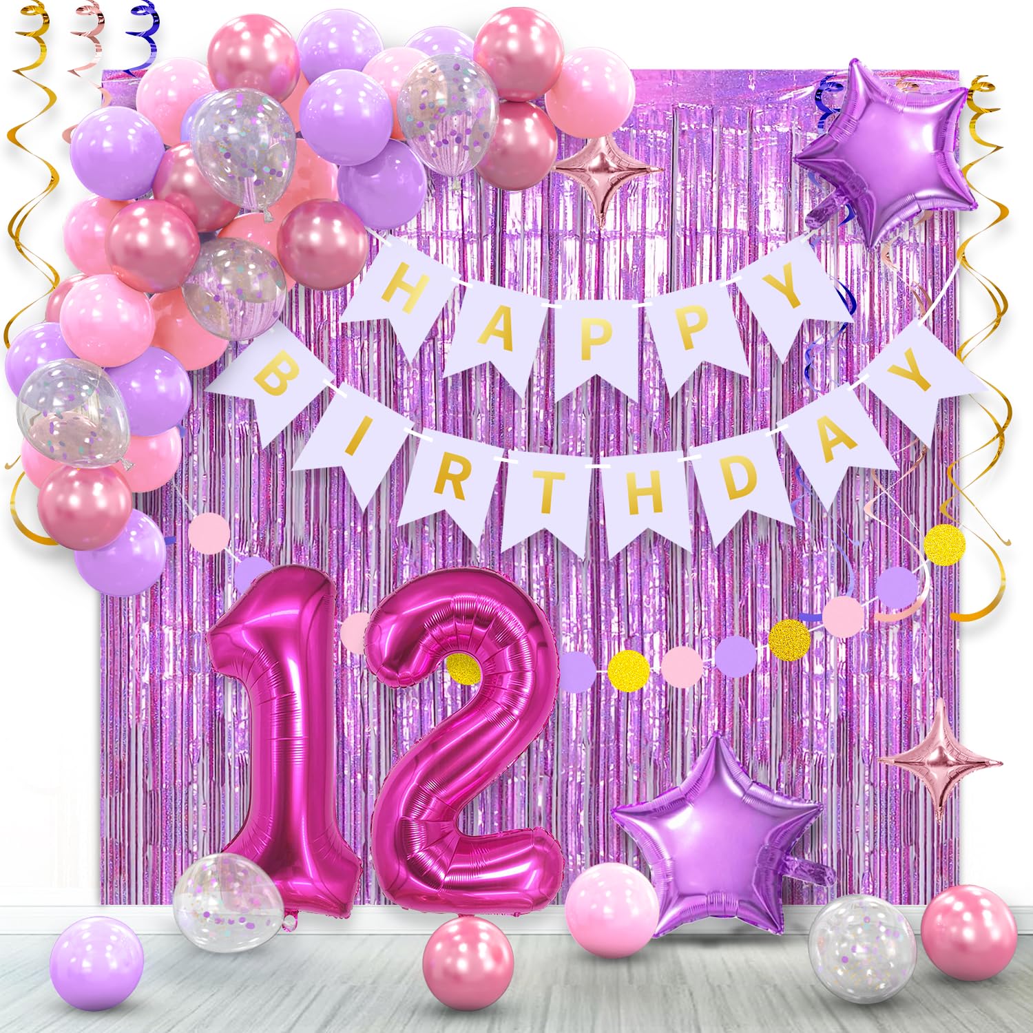 Photo 1 of 12th Birthday Decorations for Girls Pink Purple - Happy 12th Birthday Party Supplies,12 Year Old Birthday Decor, Happy Birthday Banner, Foil Backdrops,Garland,Number 12 Balloons.