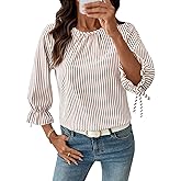 SHEWIN Womens Blouses Summer Striped Crewneck 3/4 Tie Sleeve Tops with Button Decoration On Back