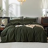 FOSSA Duvet Cover Set 100% Washed Cotton Linen Feel Super Soft Breathable Cozy 3 Pieces Bedding Sets Solid Olive Green Queen
