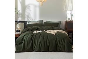 FOSSA Duvet Cover Set 100% Washed Cotton Linen Feel Super Soft Breathable Cozy 3 Pieces Bedding Sets Solid Olive Green Queen