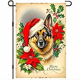 BlissYard Merry Christmas Garden Flag 12x18 Inch Christmas Dog Double Sided Yard Flag Holiday with German Shepherd Santa Hat Holly Leaves and Poinsettia Design for Winter Porch Lawn Decor