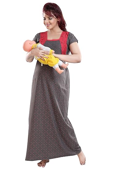 Printed Cotton Feeding/Maternity/Nursing Nighty Brown