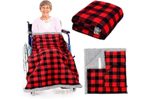 Mindsoft Christmas Wheelchair Blanket with Pouch Warm Soft Flannel Blanket 42.13 x 35.83 Inch Lap Blankets for Elderly Cozy Wheelchair Cover for Holiday Winter Leg and Lower Body Gifts(Red, Black)