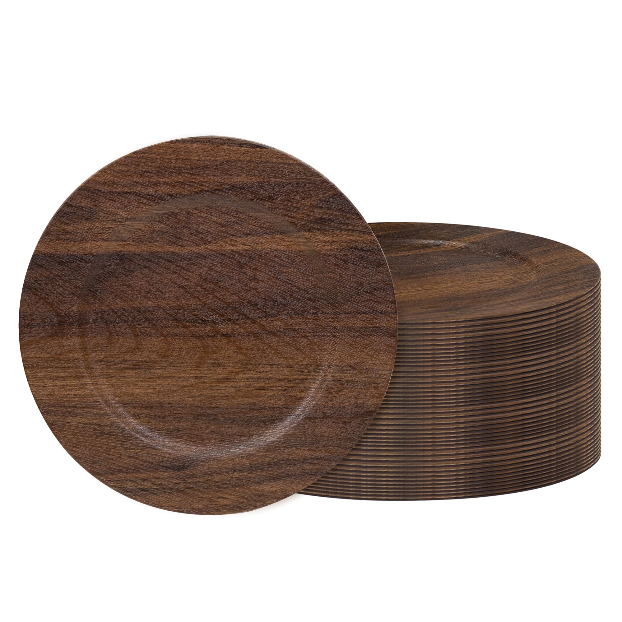 Photo 1 of JEVERGN 40 Pack Farmhouse Charger Plates Bulk, 13'' Faux Wood Chargers for Dinner Plates, Brown Plate Chargers Set of 40, Round Plastic Charger for Wedding, Party Event, Dinner, Table Setting