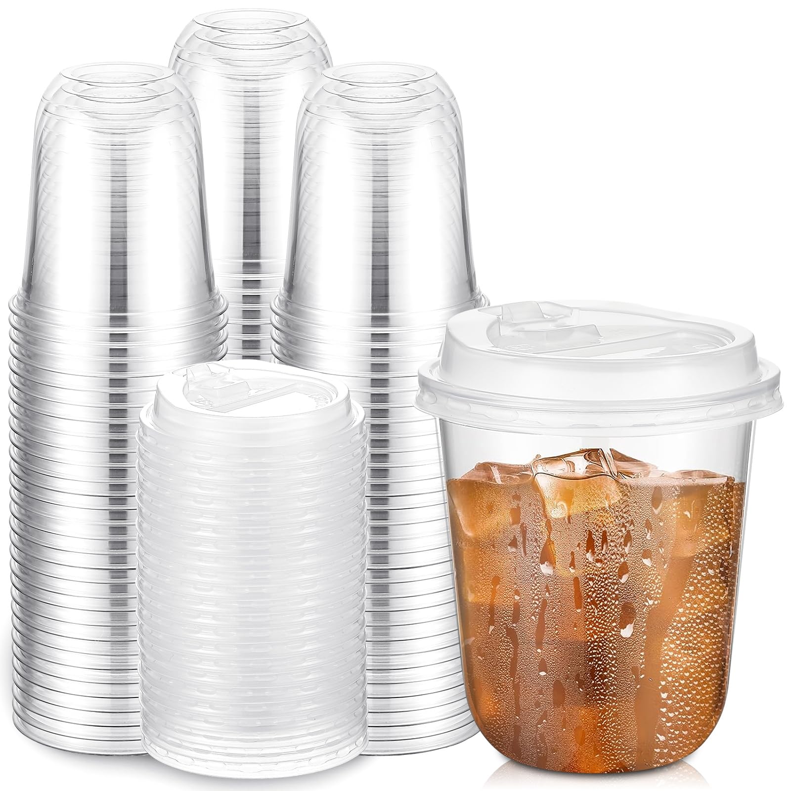 Photo 1 of Baderke 100 Sets 12oz Disposable Crystal Clear Plastic Cups With Lids, Round Bottom Iced Coffee Cups With Lid for Smoothie, Cold Beverages, Drinking Tumblers, Cold Drinks for Party, Wedding, Event