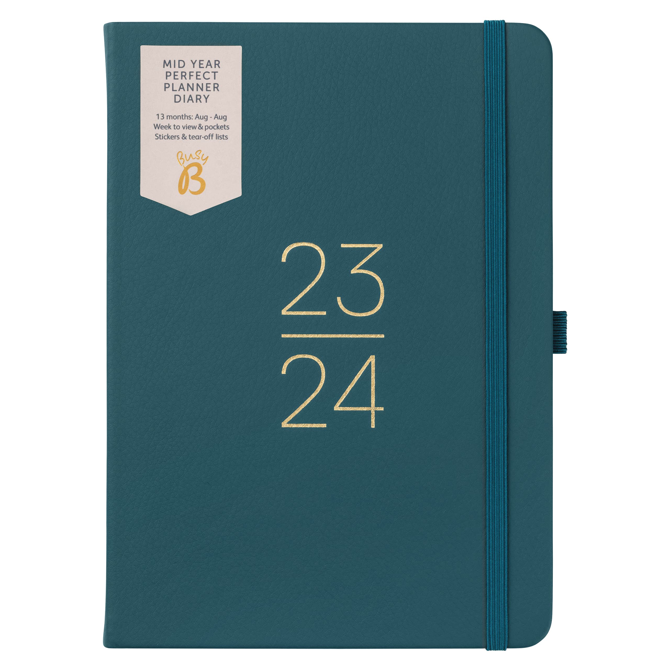 Busy B Mid Year Perfect Planner Diary August 2023 - August 2024 - Pine - Faux Leather A5 Week to View Planner with Stickers, Pen Holder and List Pad